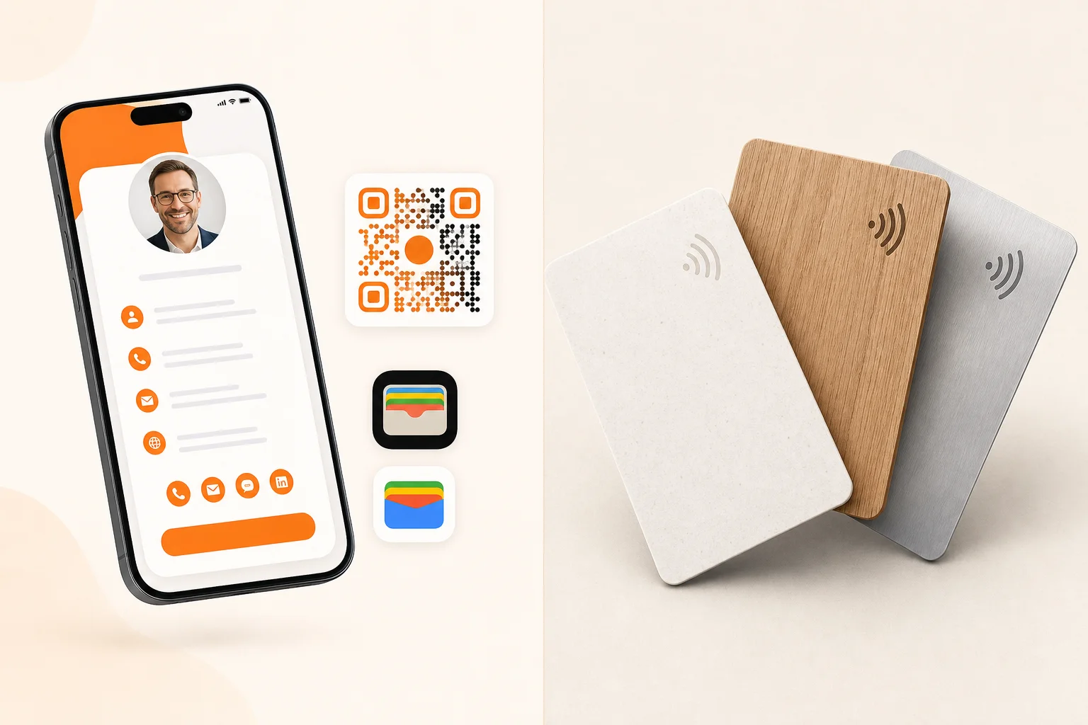 Schematischer Vergleich yourvcard und Baningo: links Symbole für Software, QR-Code und Wallet-Pass, rechts NFC-Hardware in PVC, Holz und Metall