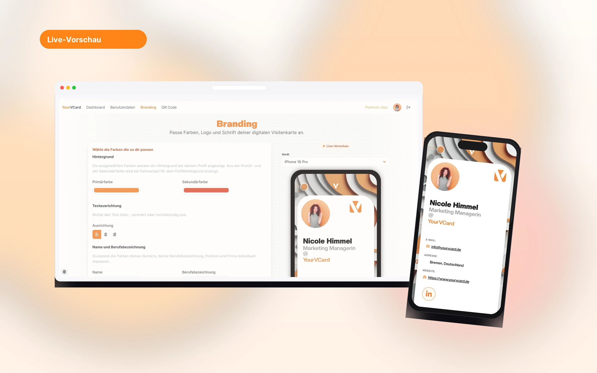 Live-Vorschau beim Branding auf Desktop und Smartphone – Nicole Himmel in YourVCard