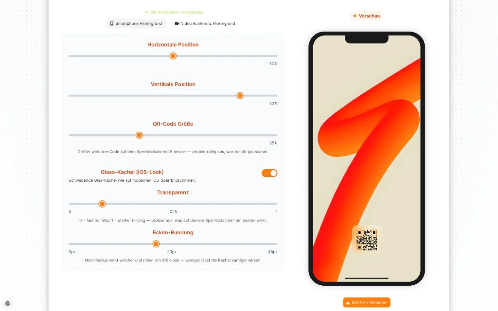 QR-Hintergrund-Editor in YourVCard mit Live-Vorschau auf dem Smartphone und Glass-Kachel-Einstellungen