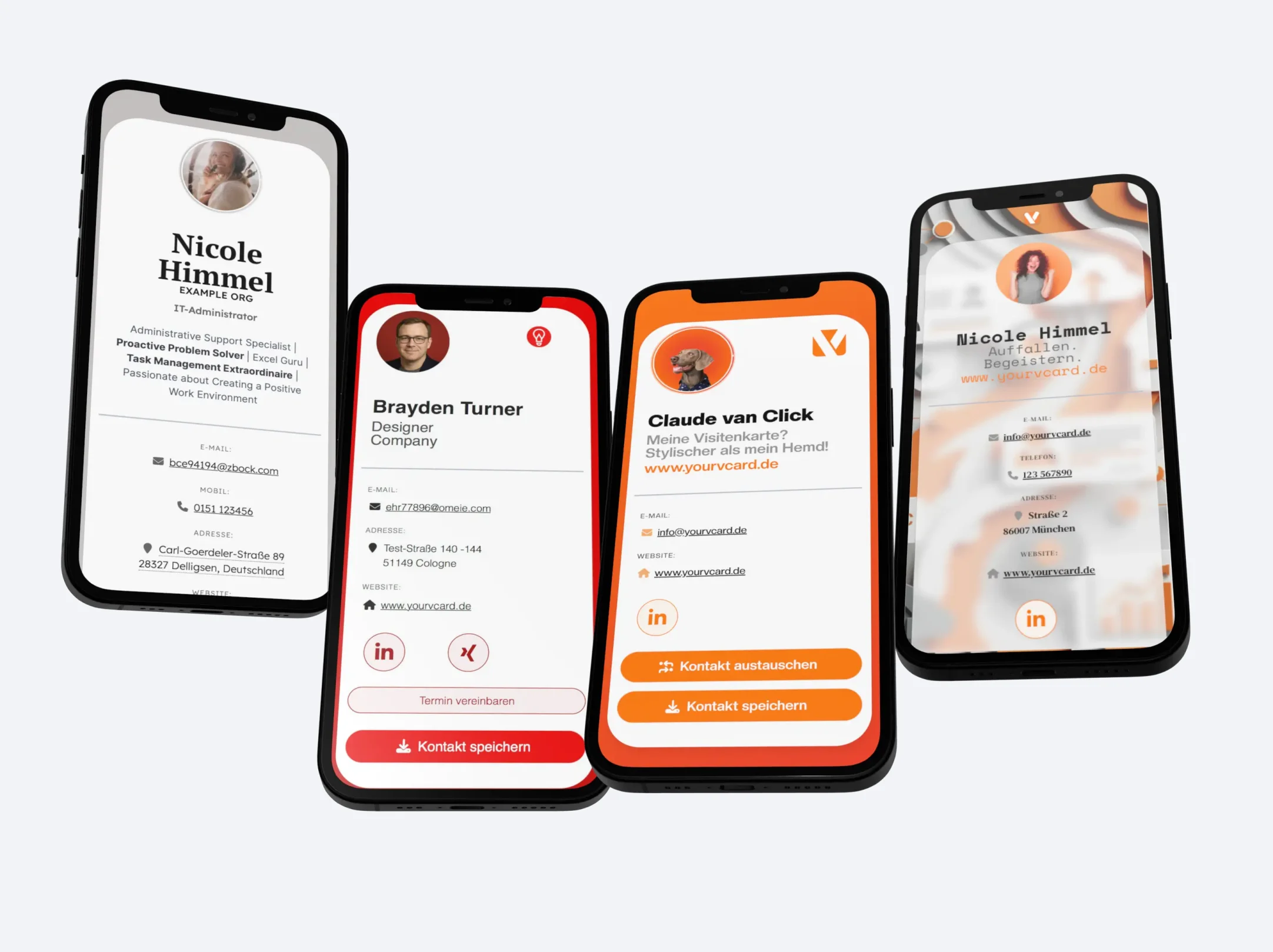 Mehrere digitale Visitenkarten von yourvcard auf Smartphones